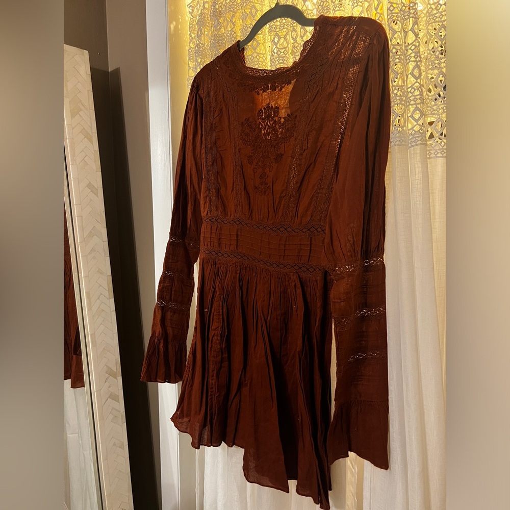 Free People: Turtle Neck Long Sleeve Mini Dress: Hand Stitched: Auburn: 6